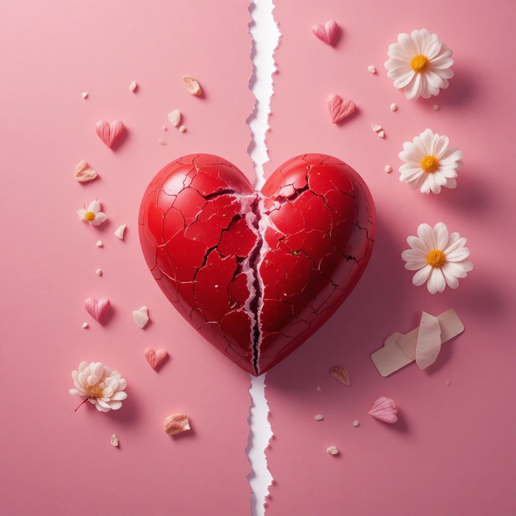 Broken red heart divided between pain and gentle healing