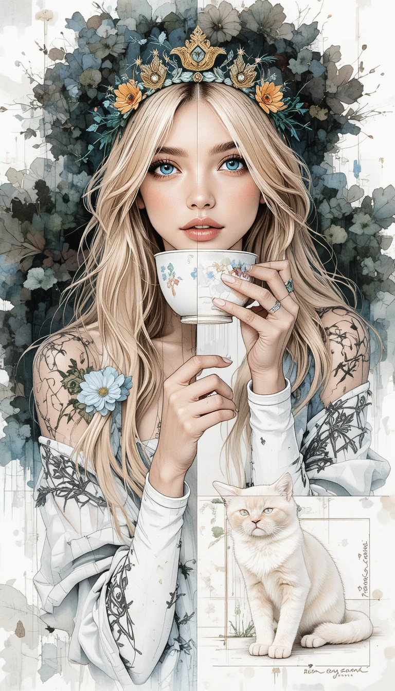 Blonde hippie with morning coffee and fluffy white kitten