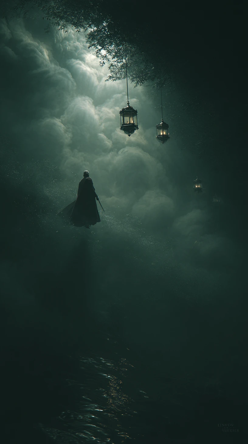 Lonely figure in darkness guided by a distant light