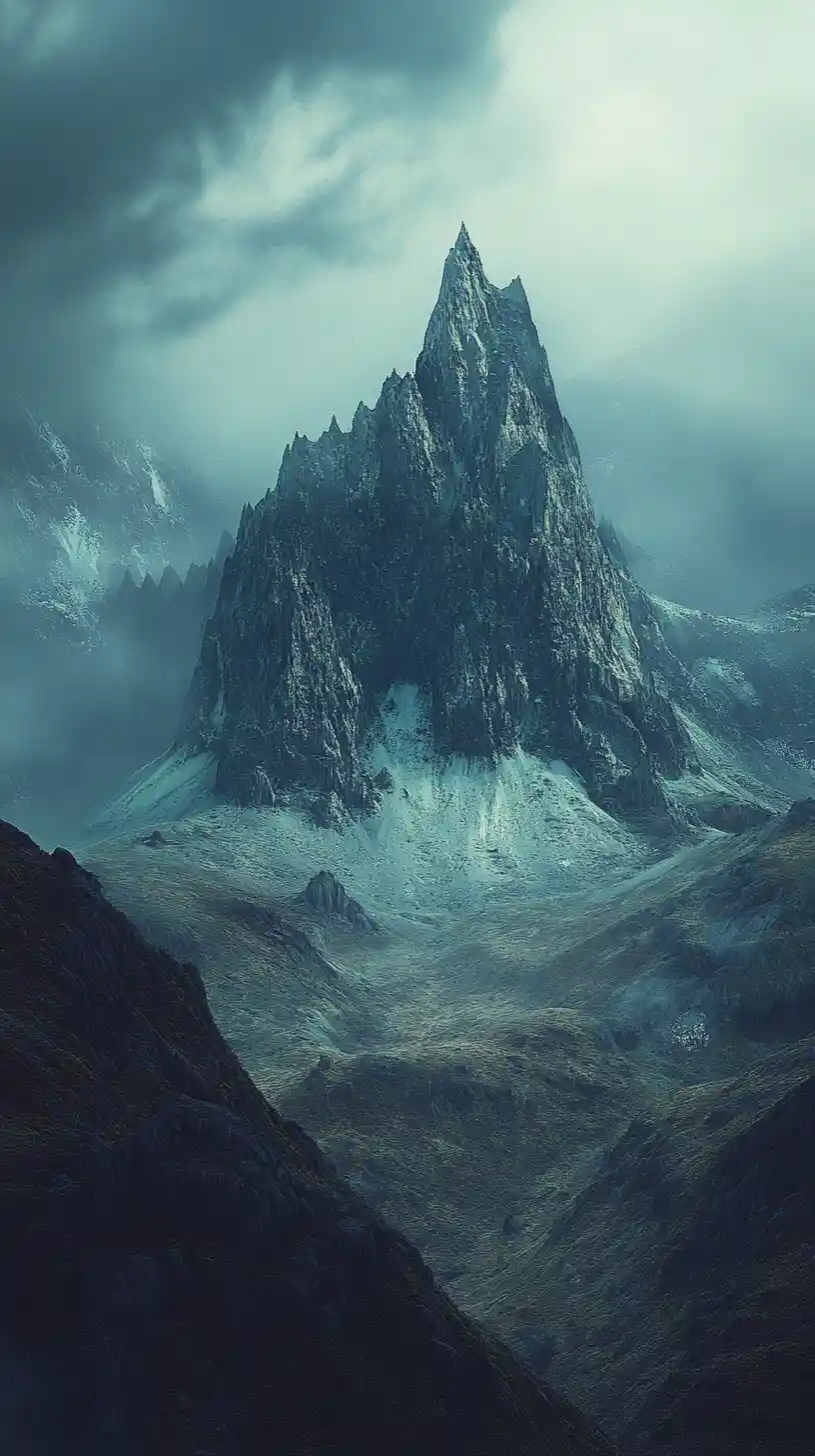 Layered Mountain Peaks In Misty Teal Cinematic Landscape