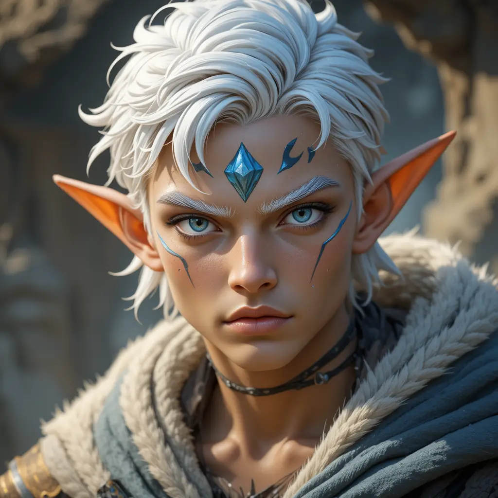 Jovem mago de fantasia com cabelos brancos e olhos prateados