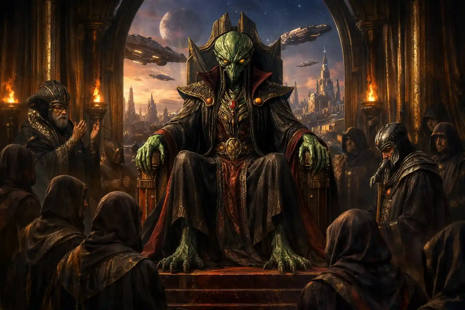 Ancient alien overlord enthroned in a vast sci fi hall