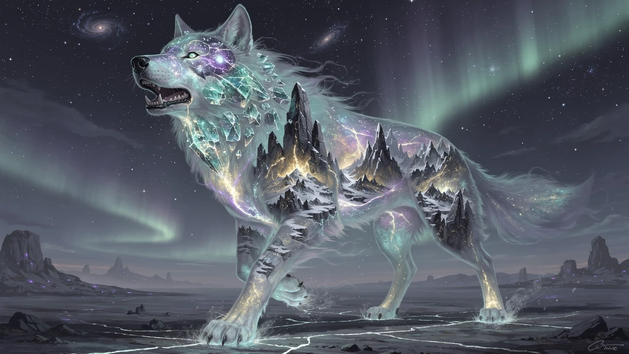 Colossal Translucent Wolf Walking Across A Starlit Plain
