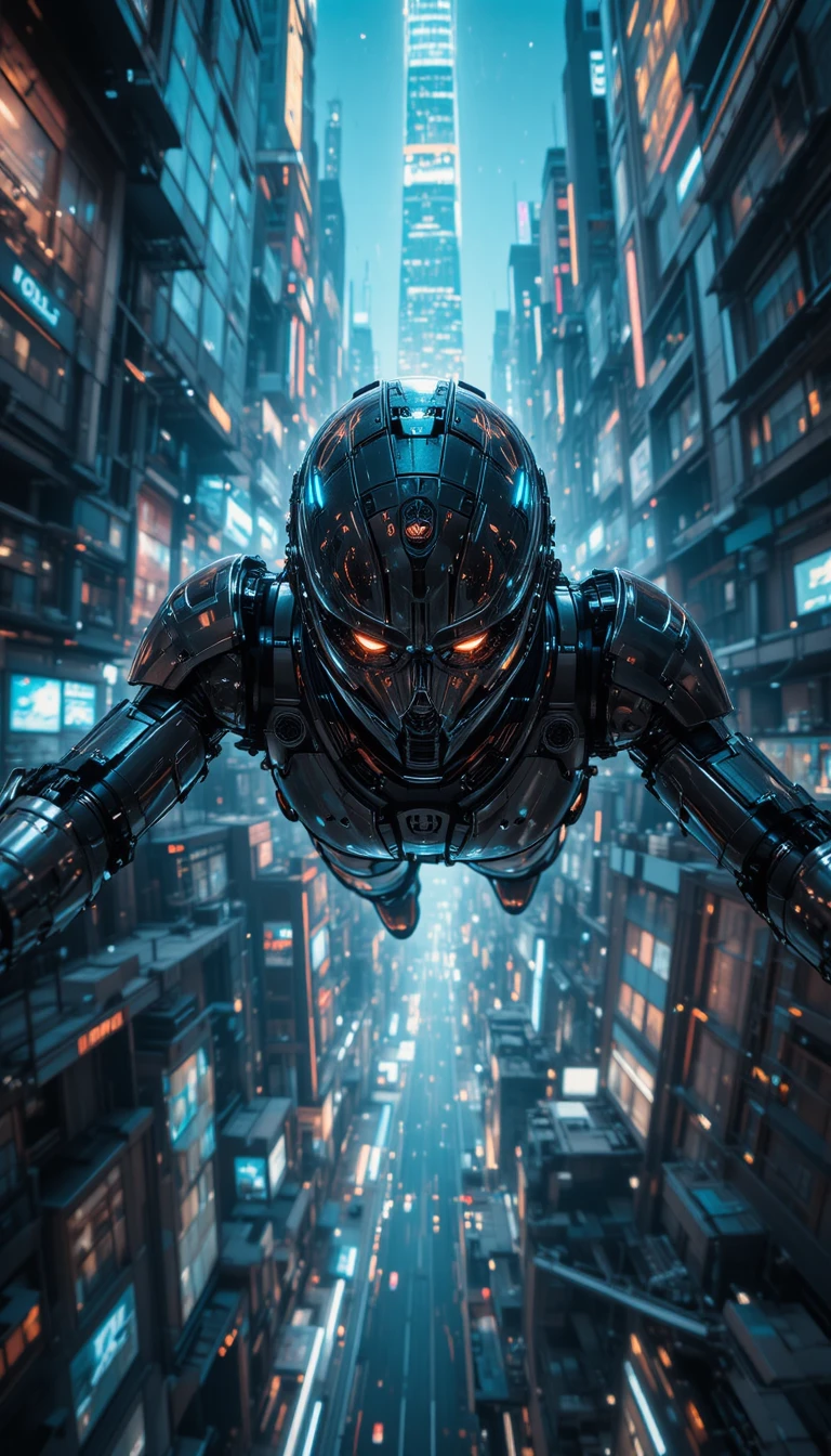 Cyborg flying through a futuristic city with neon light