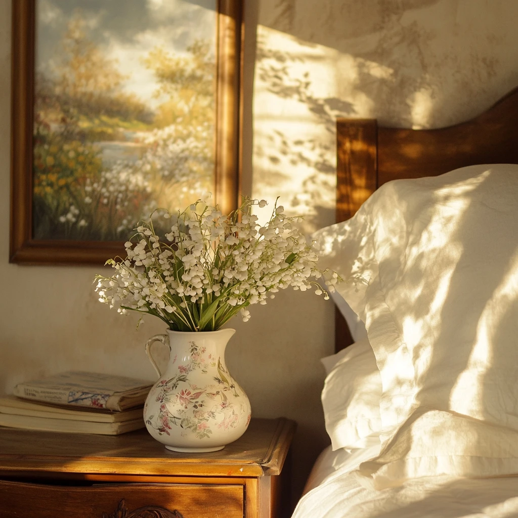 Flores tranquilas junto a la cama bajo una pintura al óleo vintage