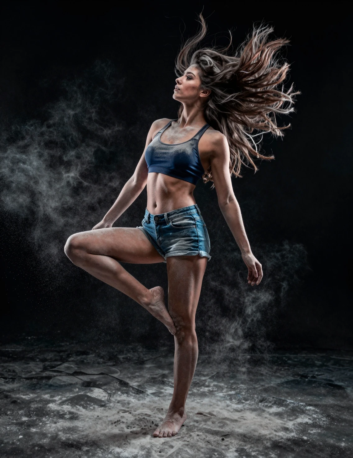 Athletic woman spinning in powder against dark background