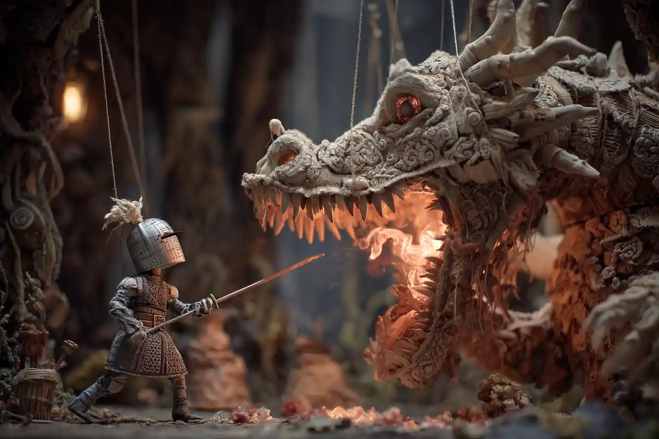 Knight puppet facing a wooden dragon on theater stage