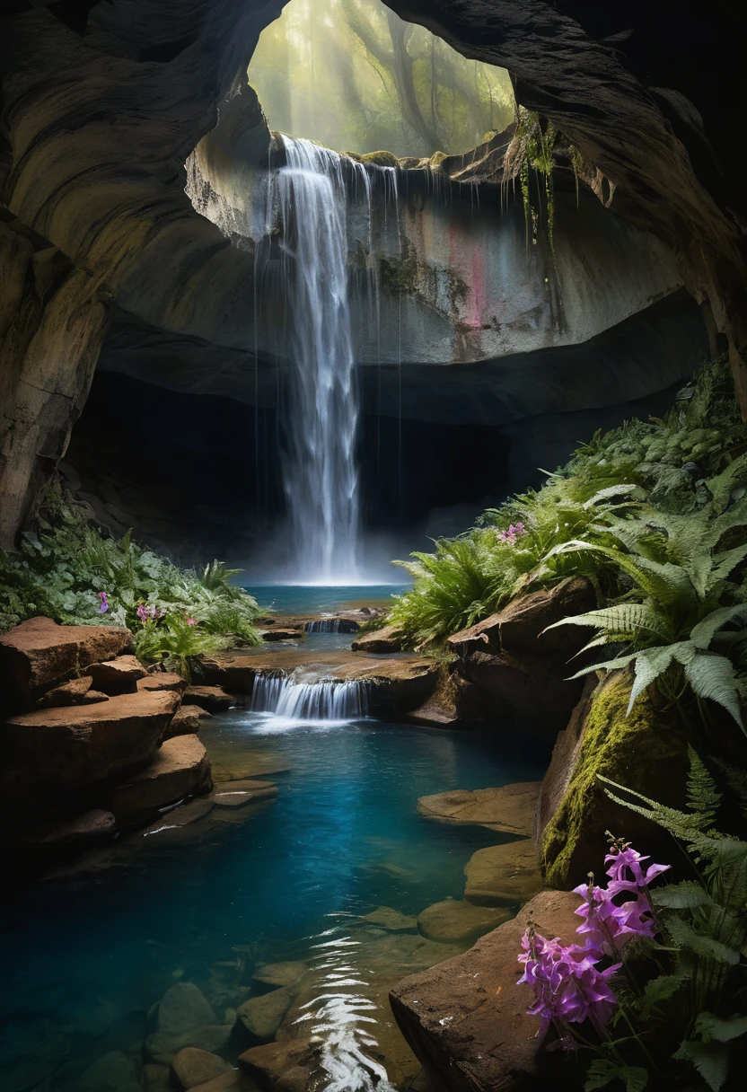 Majestic underground waterfall in a luminous cavern landscape