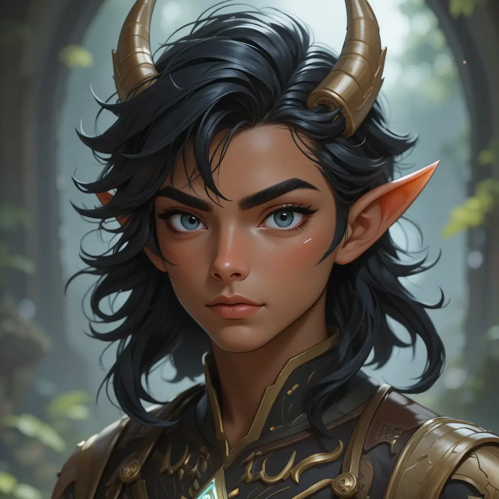 Young fantasy man with amber eyes and glowing forehead symbol