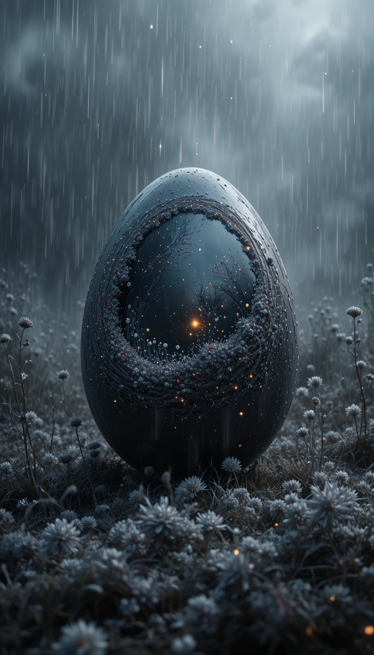 Surreal black landscape growing from a single egg