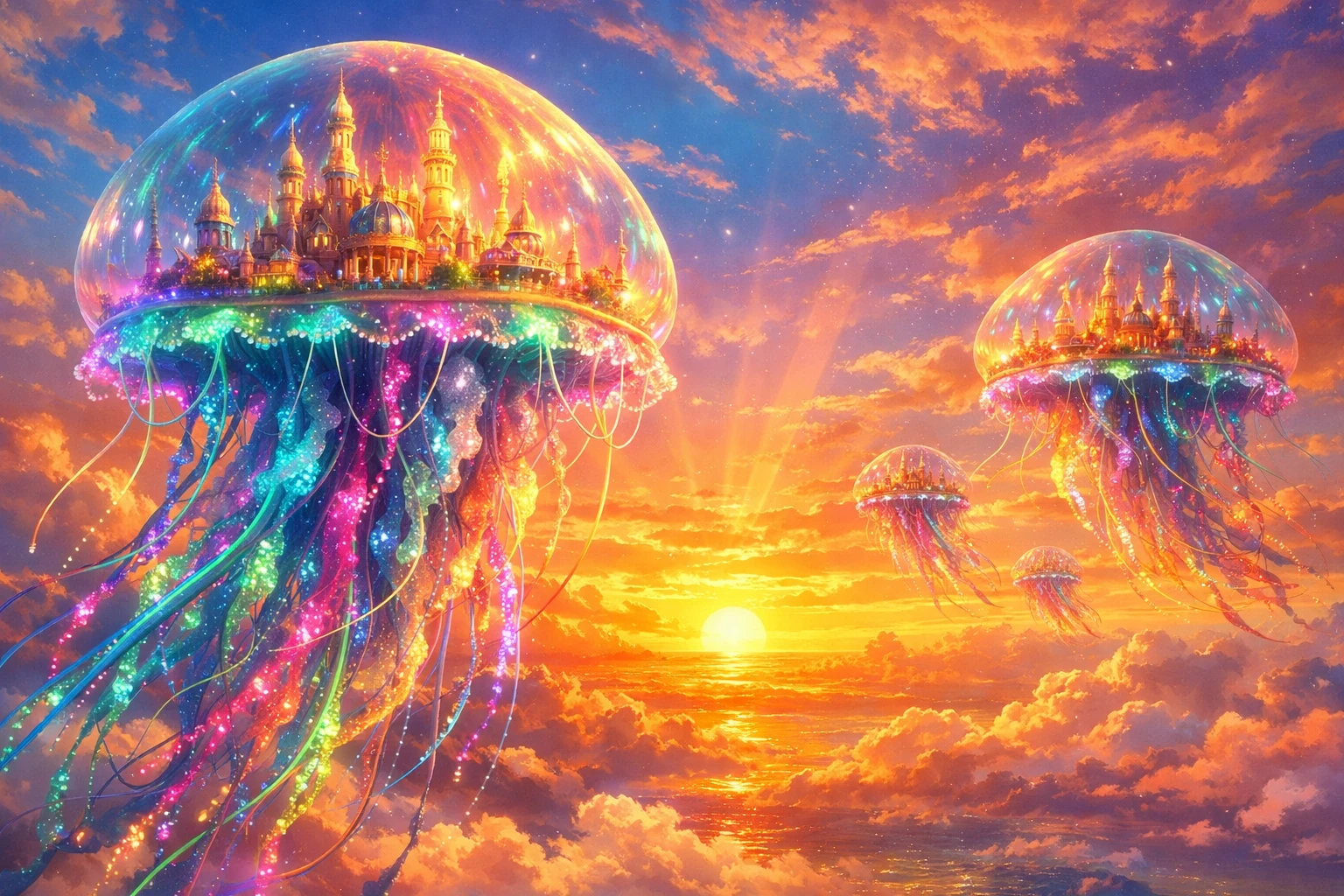 Surreal jellyfish cities floating in a glowing sunset sky
