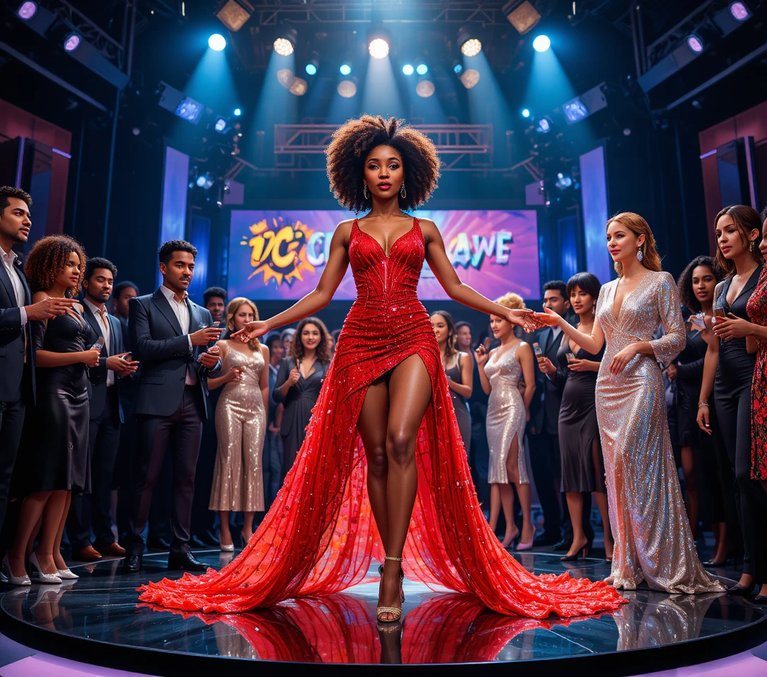 Charismatic tv host in red dress on glamorous studio set