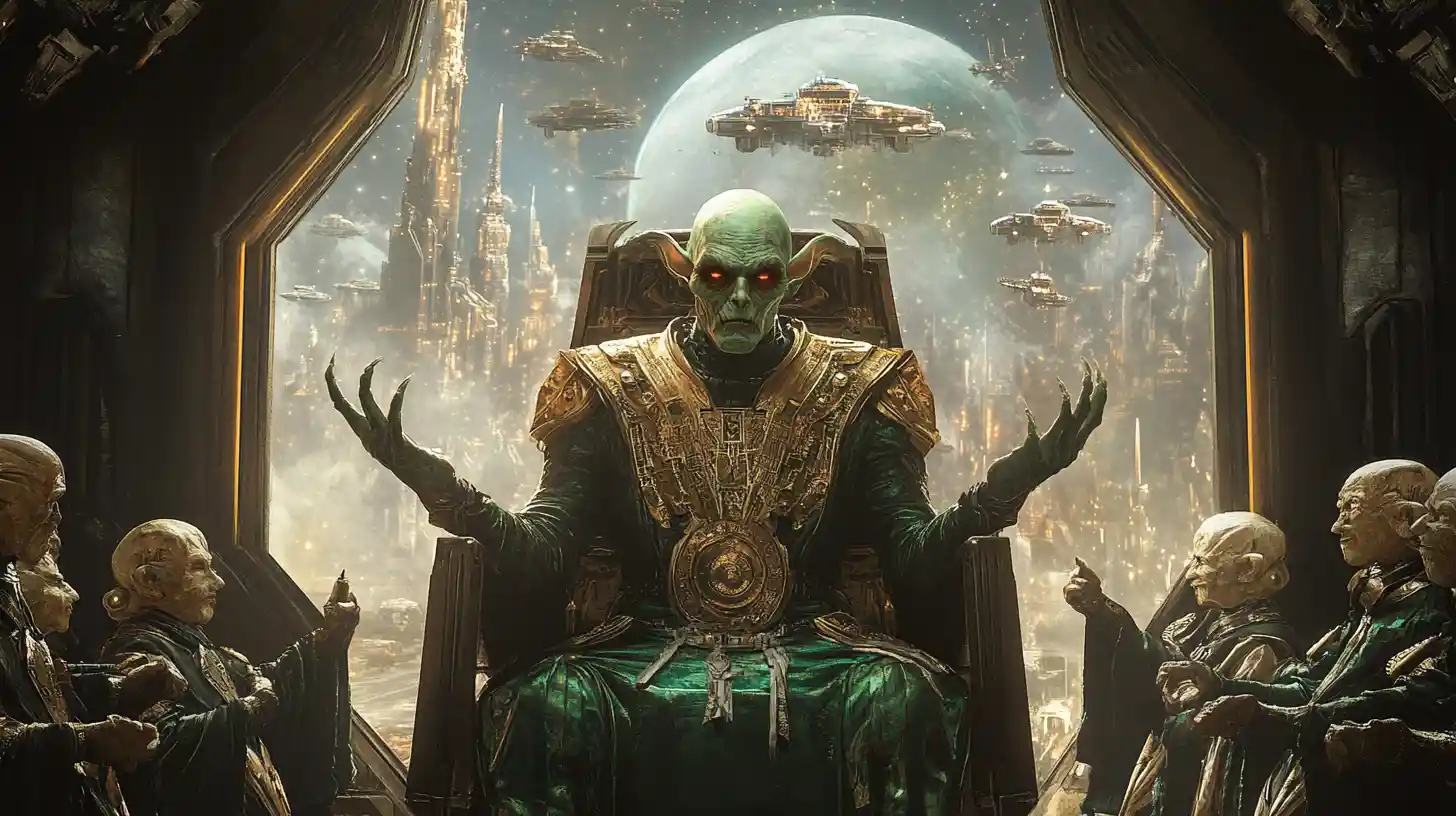 Ancient alien overlord enthroned in a vast galactic hall