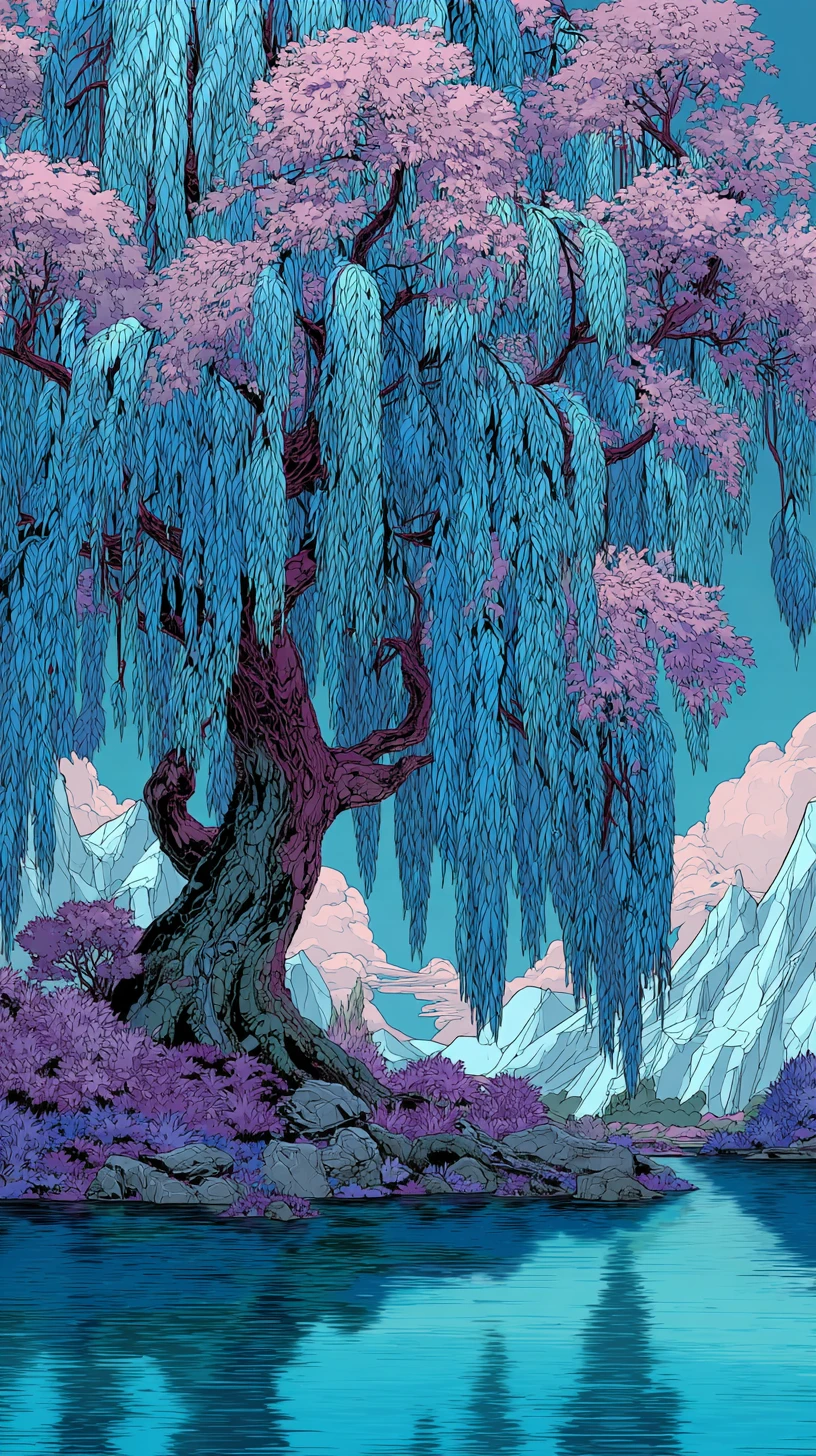 Sauce azul reflejado en un tranquilo estanque de fantasía