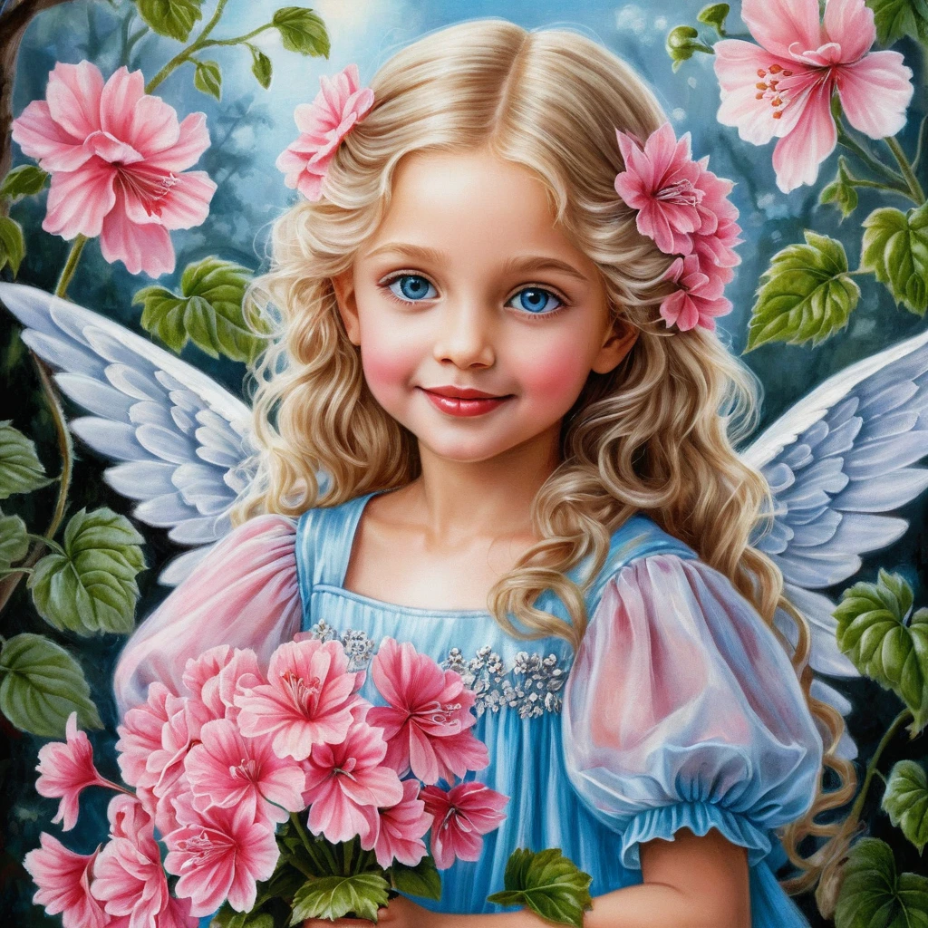 Smiling spring angel girl with pink flowers and wings