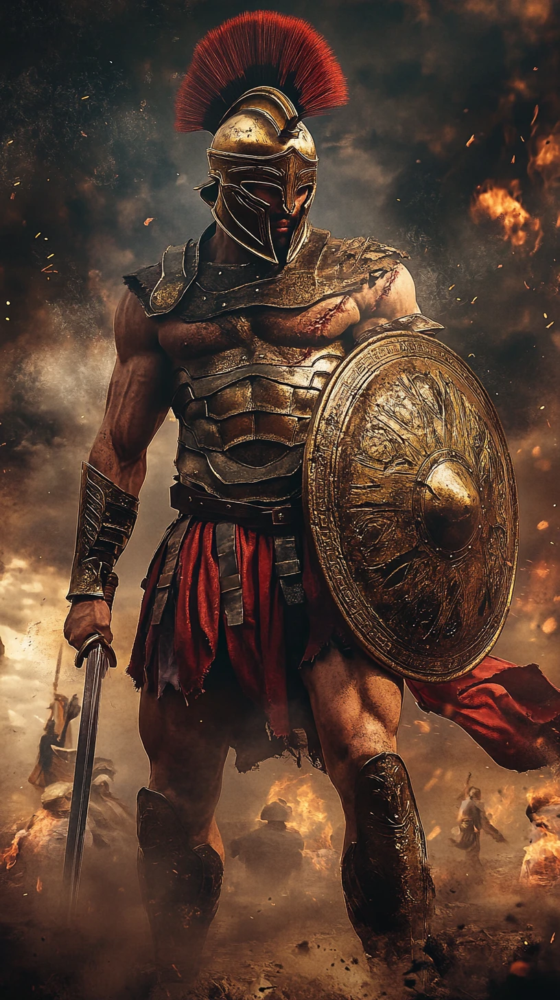 Spartan warrior poised for battle on a smoky battlefield