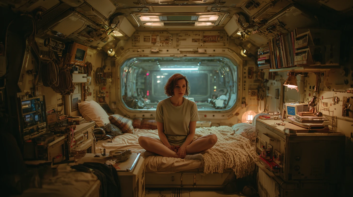 Woman Resting In Retro Futuristic Spaceship Cabin