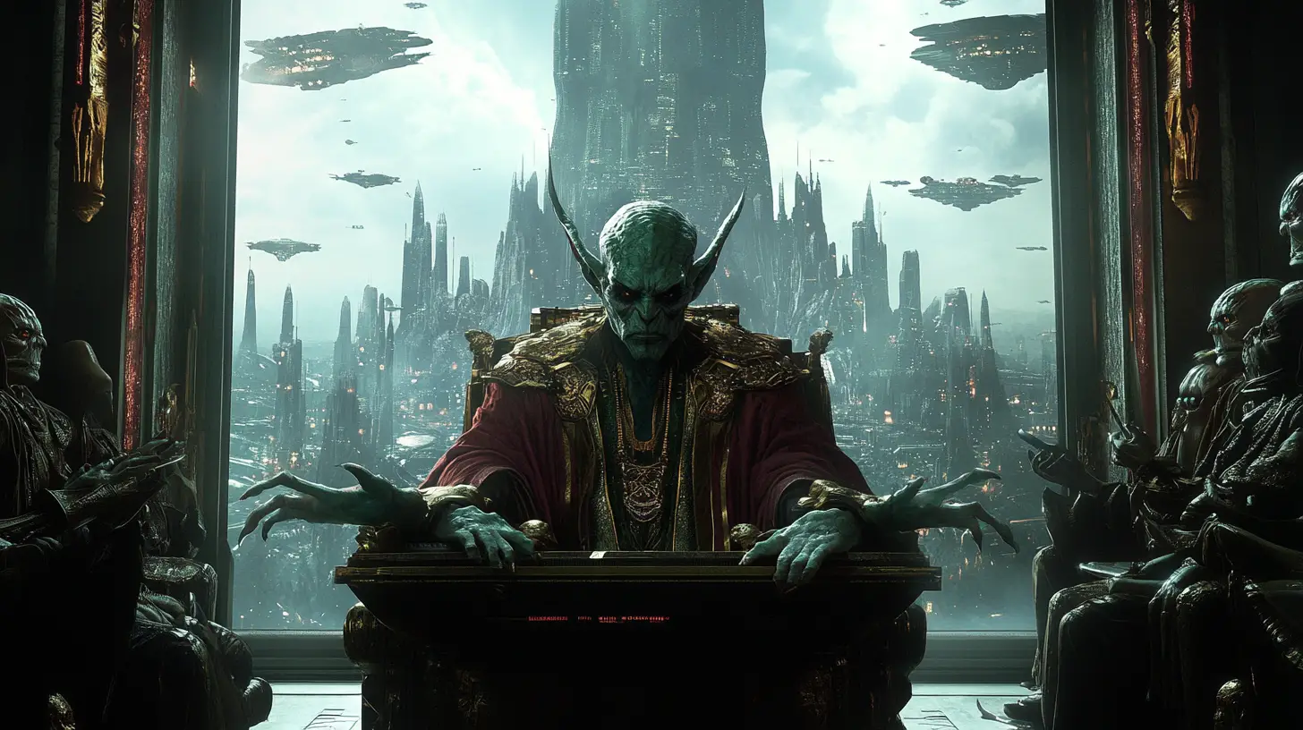 Antiguo señor alienígena en un gran salón del trono de ciencia ficción