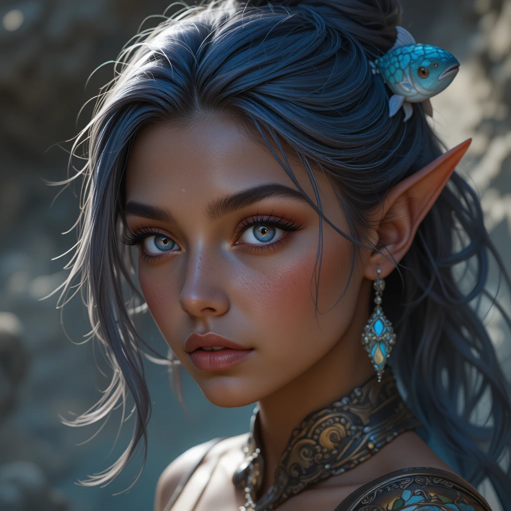 Young brown skinned mermaid princess with lilac eyes portrait