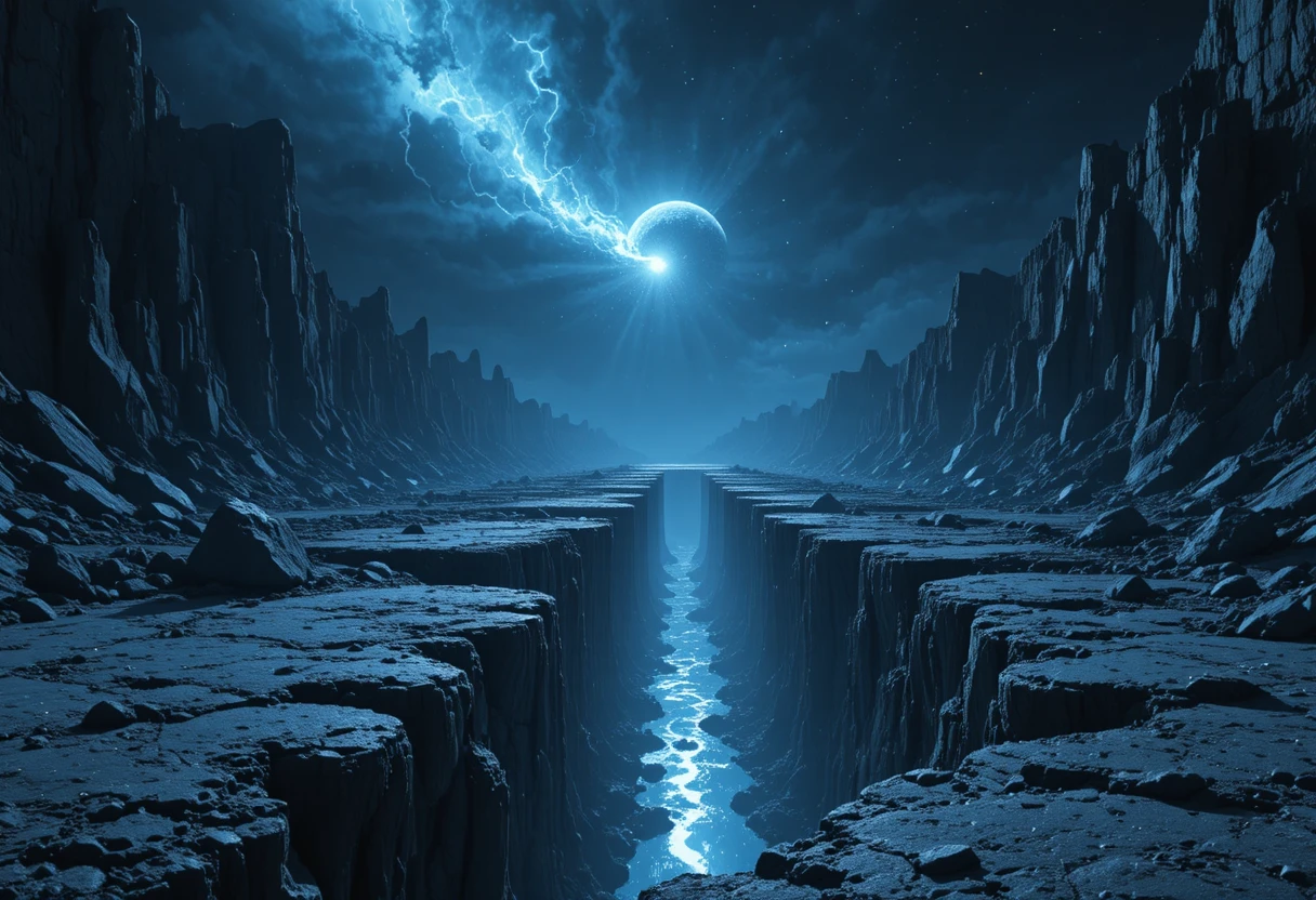 Surreal cosmic trench lit by pale blue celestial beams