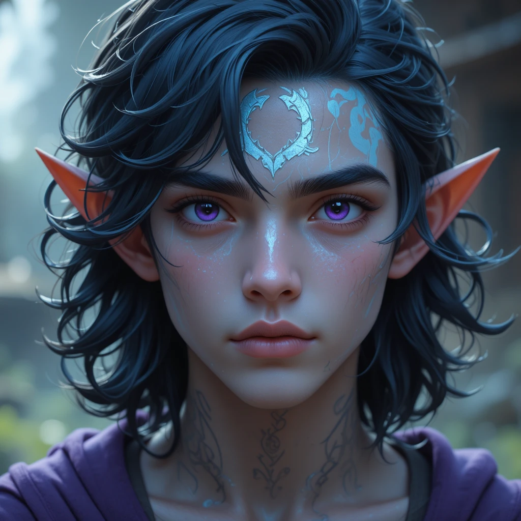 Young male genie with glowing violet eyes and dark hair