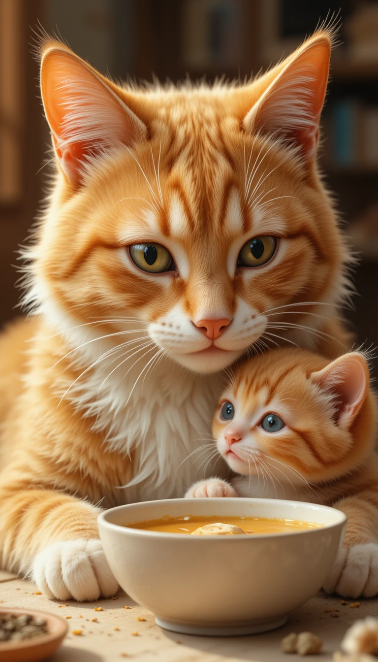 Golden tabby mother cat lovingly feeding tiny kitten