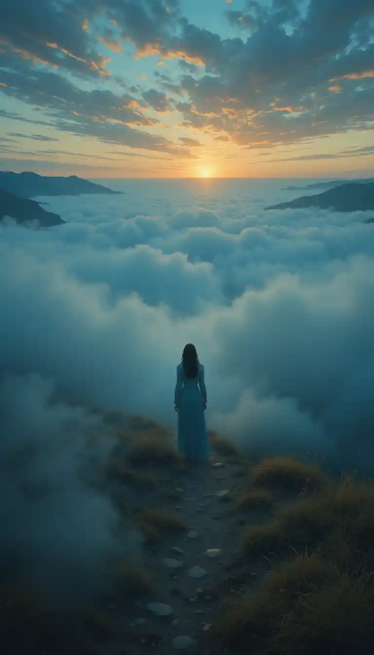 Girl standing on a foggy bridge under a glowing sky
