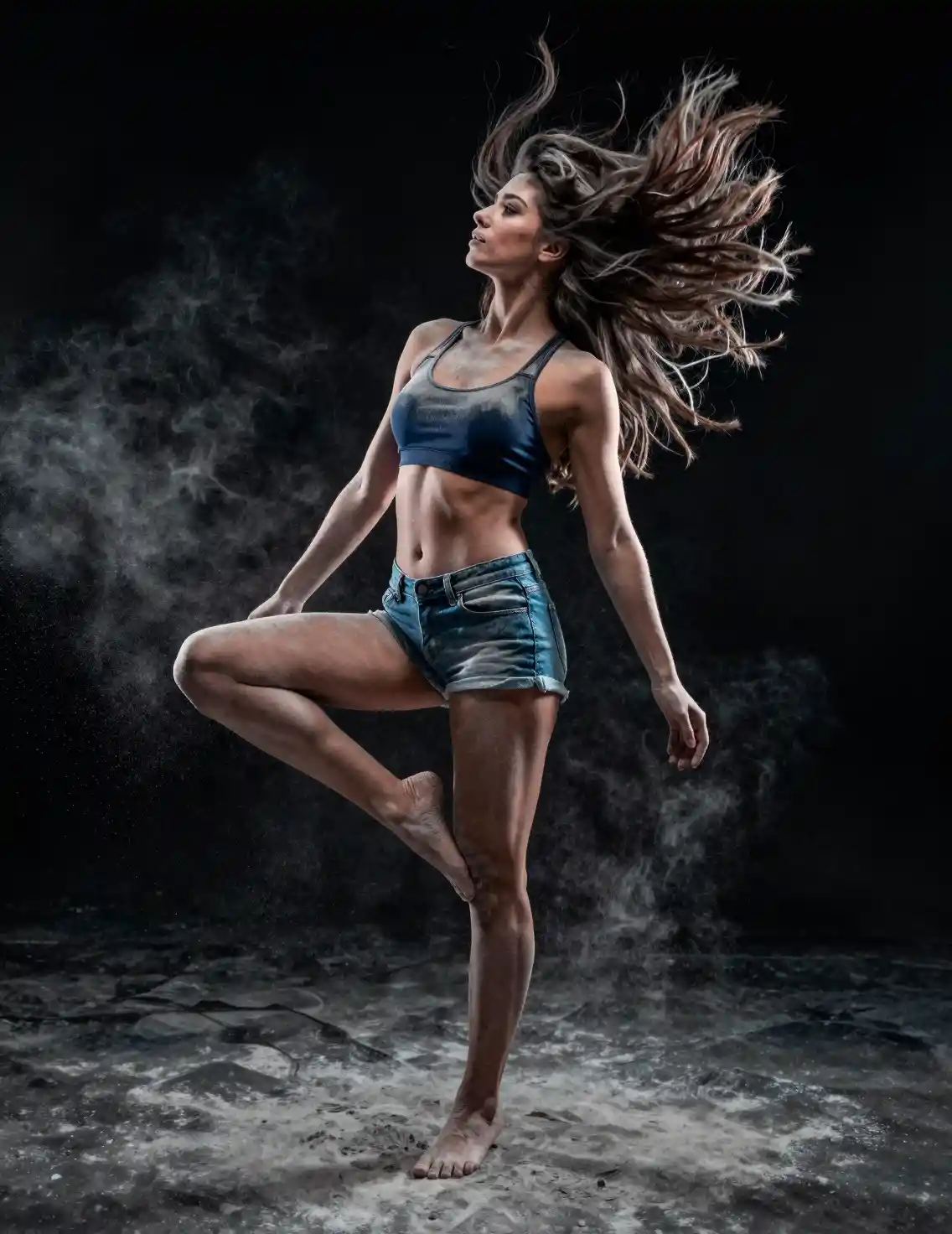 Athletic woman spinning in powder against dark background