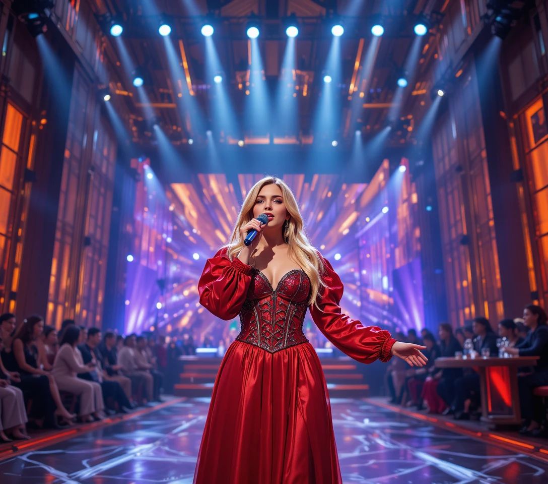Young singer performing on glamorous televised talent show stage