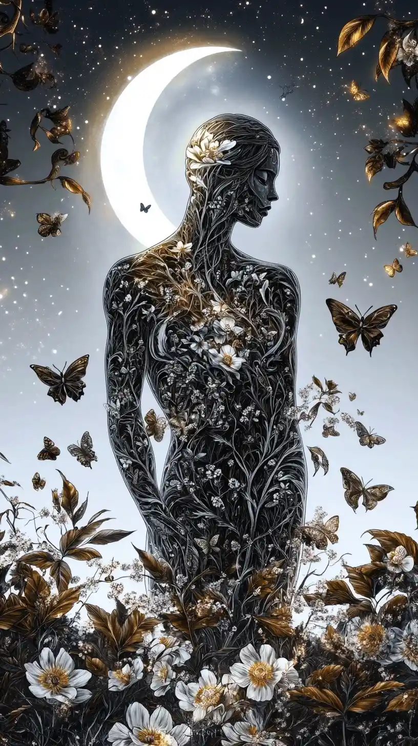 Feminine silhouette with floral tattoos and crescent moon glow