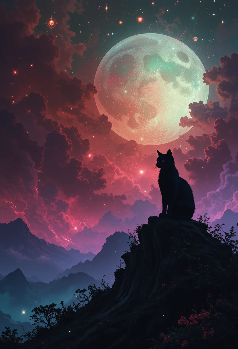 Ominous glowing cat seated on a lonely hill