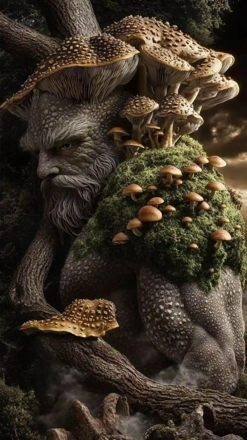 Gentle Mushroom Guardian Standing Among Ancient Forest Trees