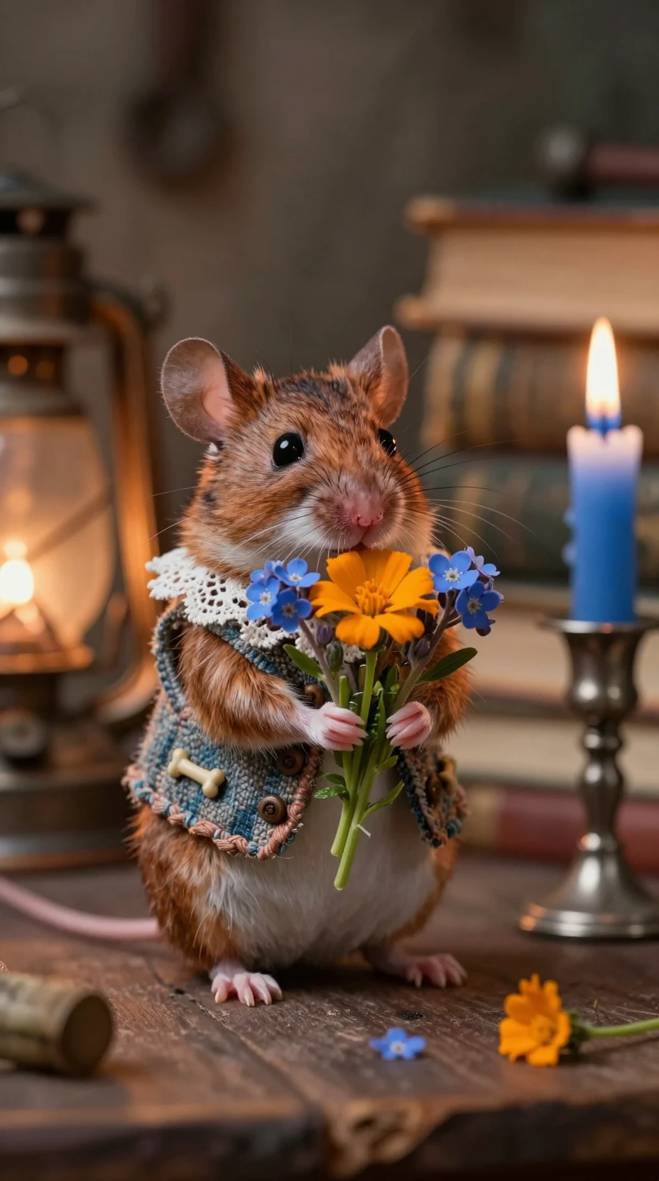 Macro mouse in tiny vest holding wildflower bouquet
