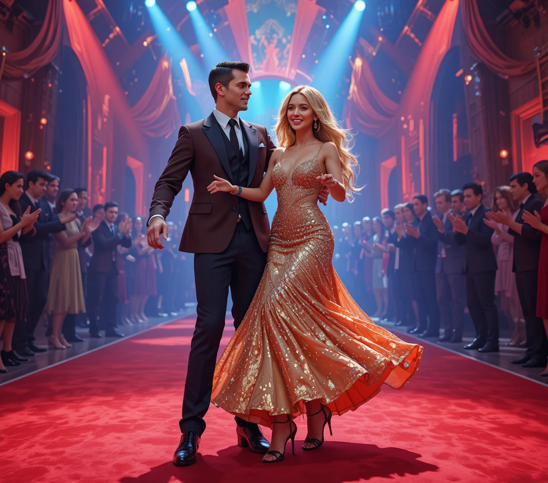 Elegant couple dancing on a red carpet tv stage