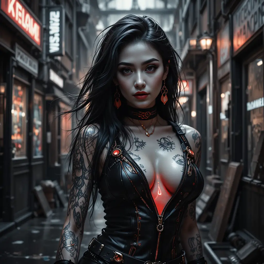 Femme fatale noir cyberpunk dans une ruelle industrielle détrempée par la pluie
