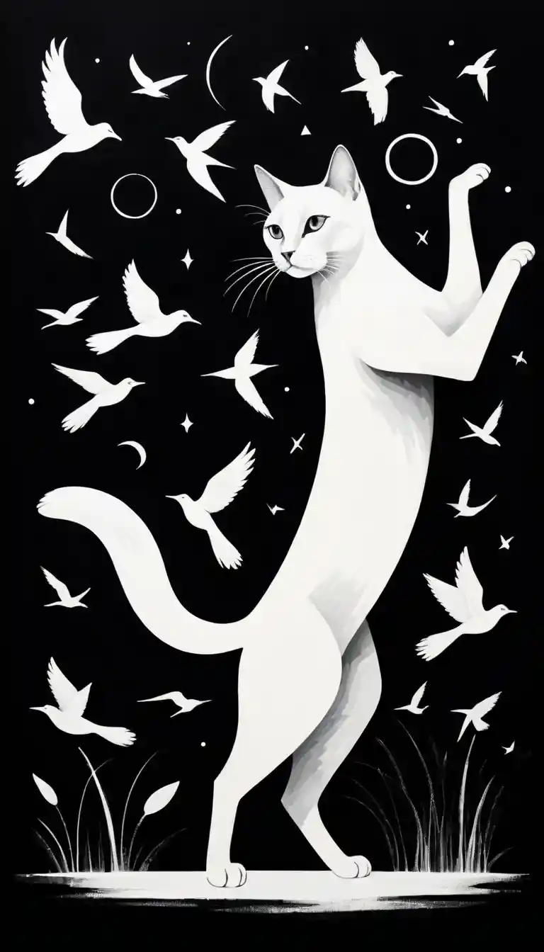 飛ぶ鳥に手を伸ばすミニマルなシャム猫の絵画
