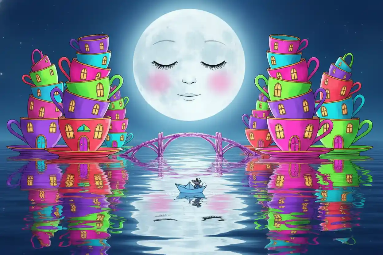 Smiling Moon Above Mercury Lake In Neon Fantasy City