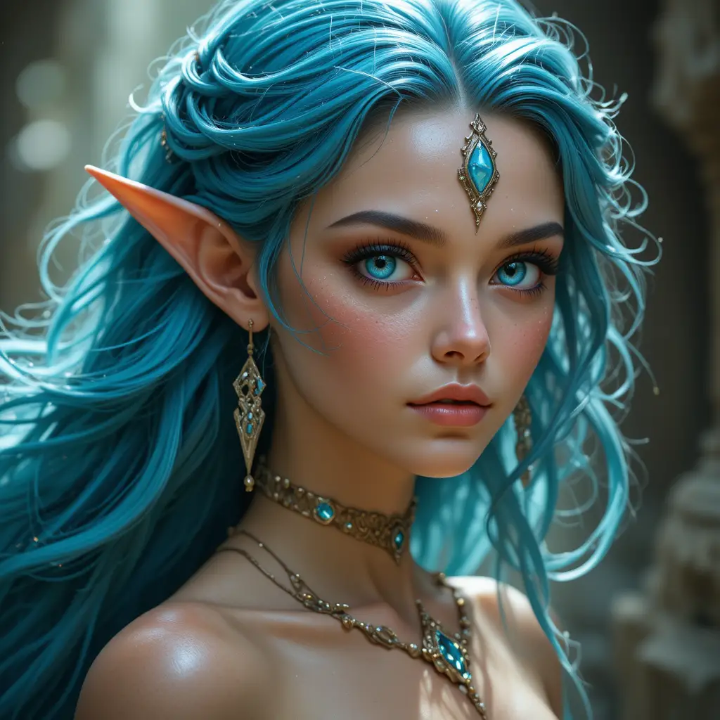 Turquoise eyed young mermaid princess with flowing blue hair