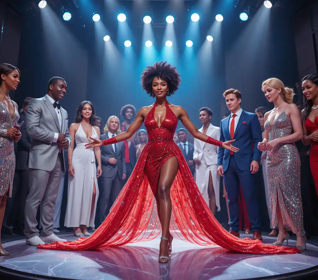 Charismatic tv host in red dress on vibrant studio set