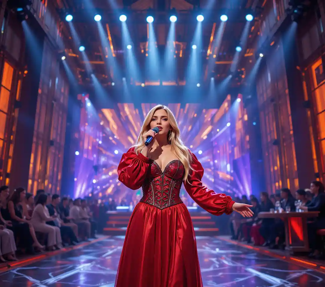 Young singer performing on glamorous televised talent show stage