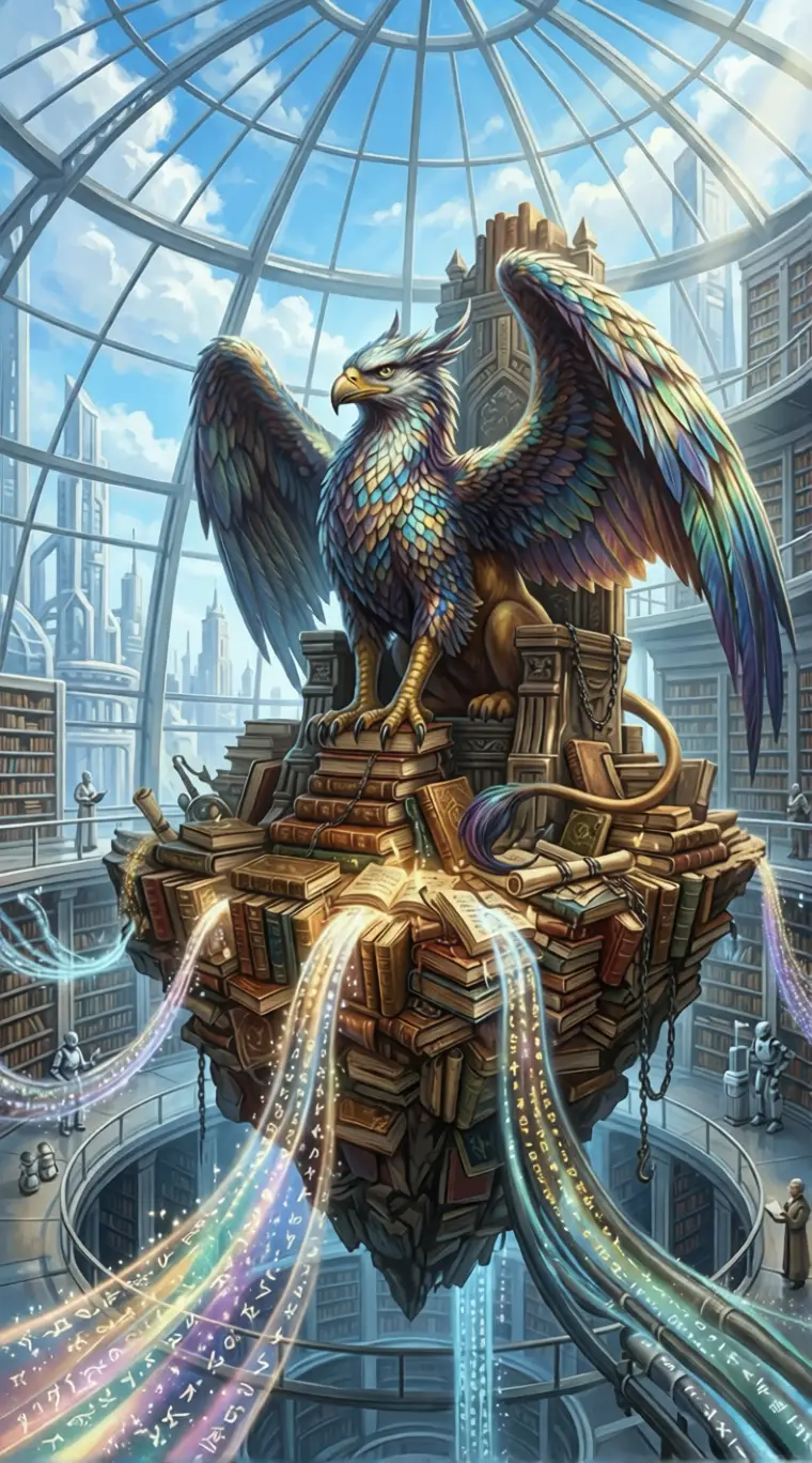 Maestoso grifone su un’isola fluttuante di antichi libri