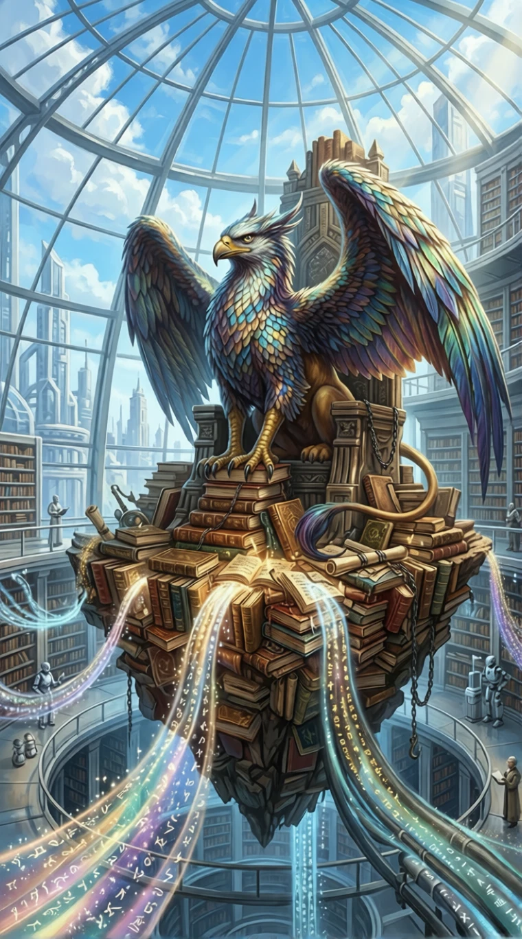 Majestic griffin on a floating island of ancient books