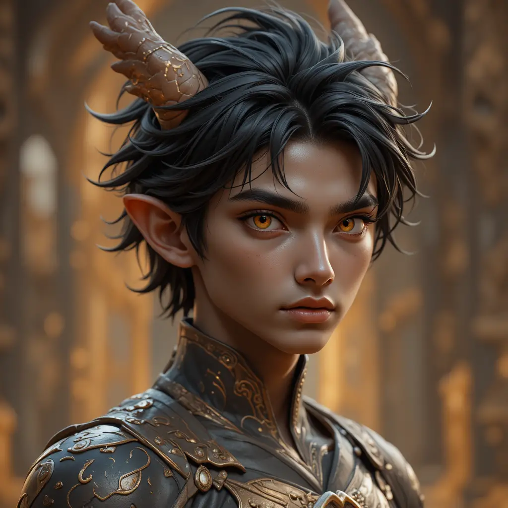 Young dragon man with orange eyes in a fantasy world