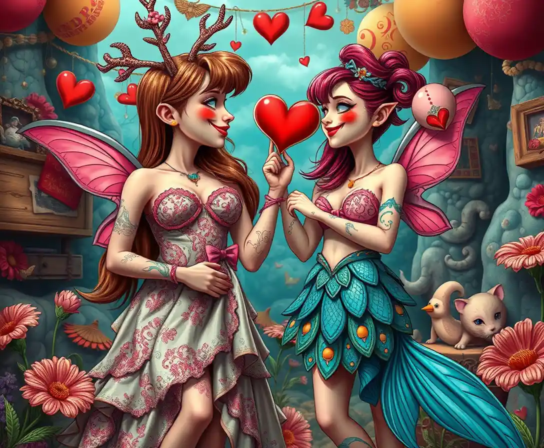 Whimsical pop surreal comic world of tangled love and hate