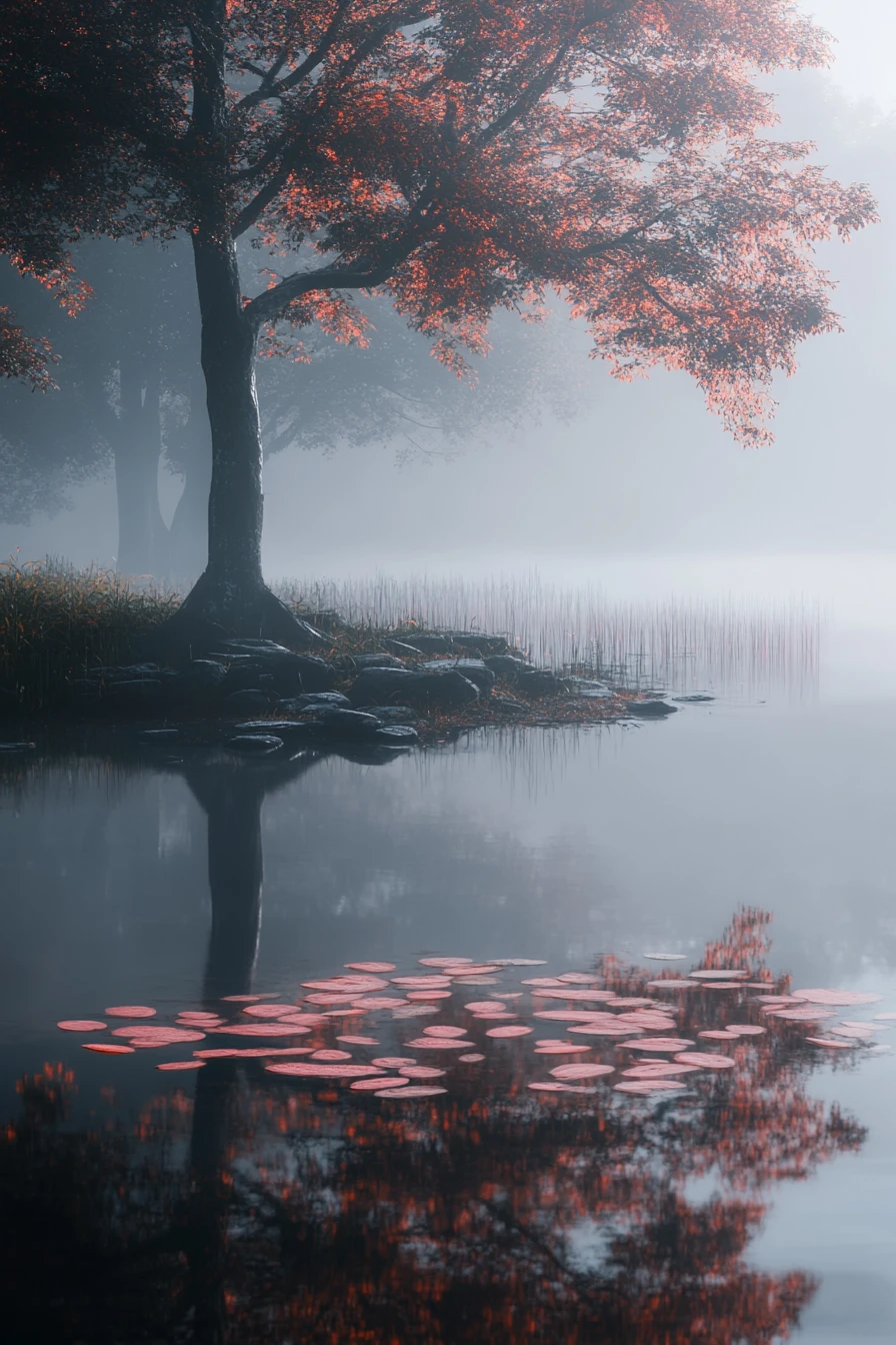 Calma foschia del mattino su un lago tranquillo e pacifico