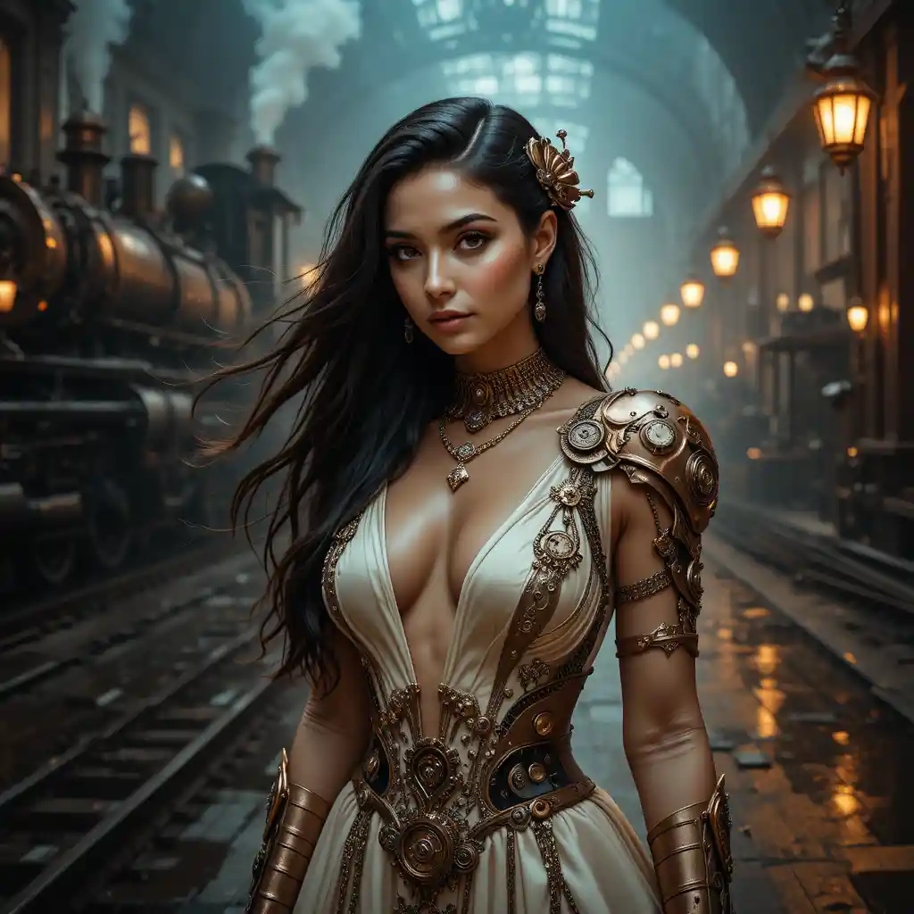 Steampunk woman in copper armor at night train station