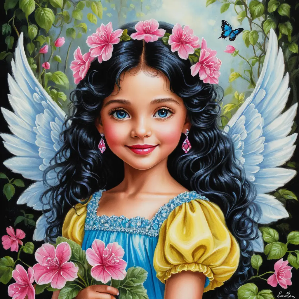 Smiling spring angel girl with flowers and glitter dress