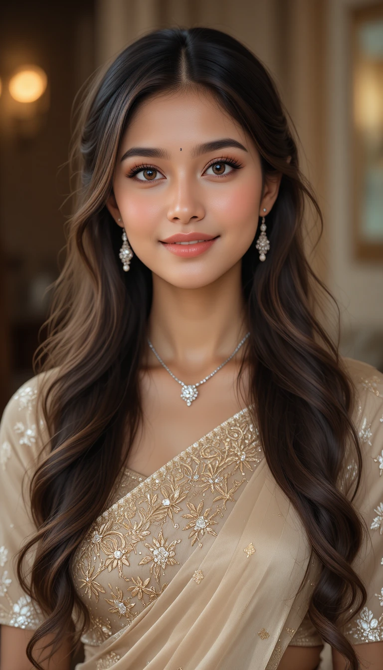 Retrato elegante de chica india con sari en tonos pastel y diamantes