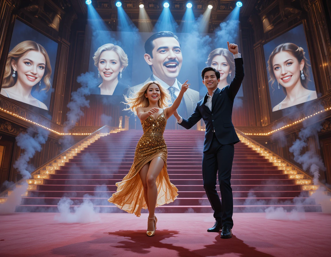 Young woman dancing in gold dress on grand stage