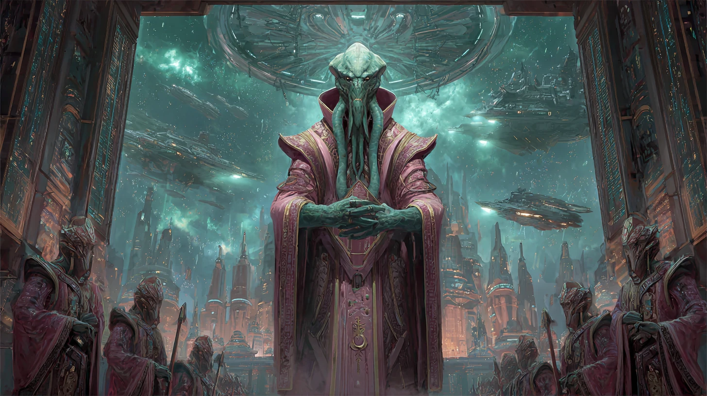 Ancient alien overlord enthroned in a vast galactic hall